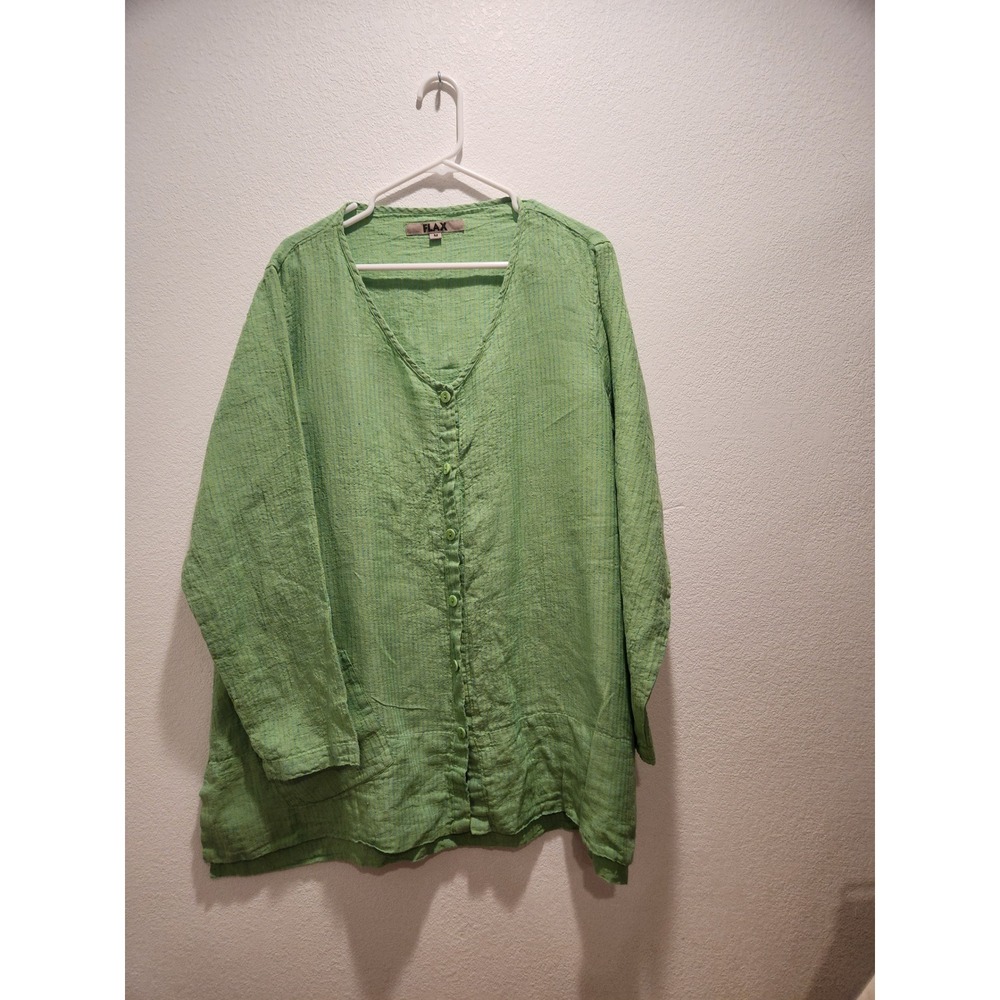 FLAX Linen Button Front Top Medium Made in Lithuania‎ Green Textured Stripe